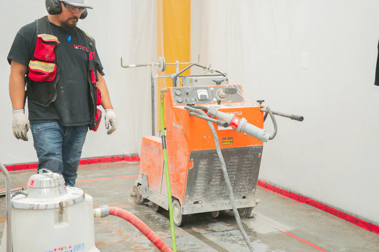 Arani Construction worker wearing safety gear operating a professional Husqvarna walk-behind concrete saw machine inside a containment zone.