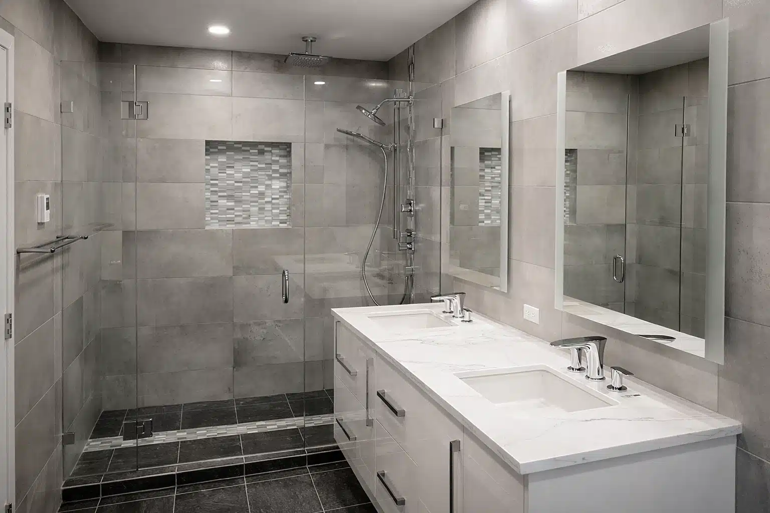Bathroom renovation cost North Vancouver - luxury spa glass shower double vanity by Arani Construction