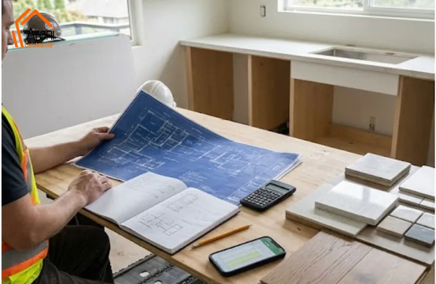 Homeowners creating a Budget for a Home Renovation Company North Vancouver with renovation cost estimates and planning documents.
