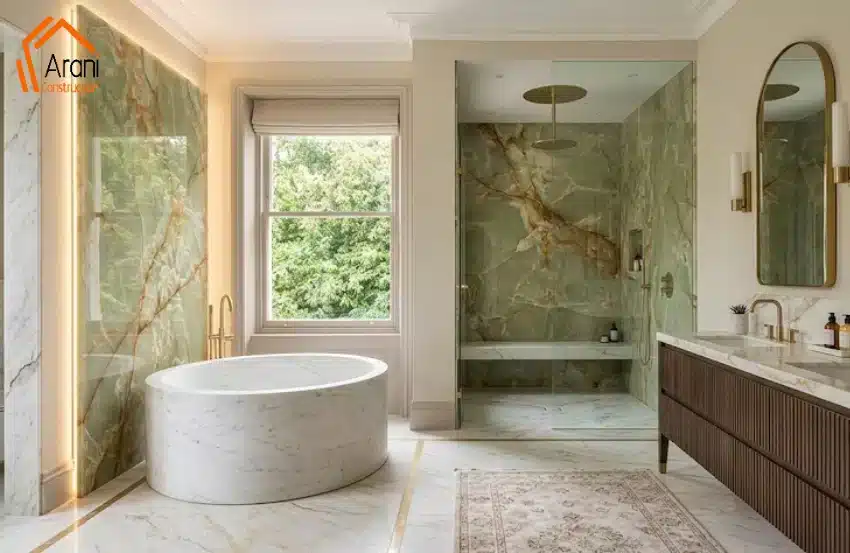 Best Luxury Bathroom Renovation Ideas North Vancouver with a luxury walk-in shower, double vanity, premium tiles, and elegant interior design.