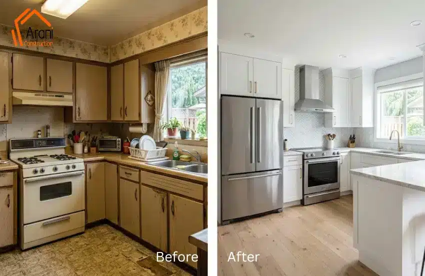Modern Kitchen Renovation Before and After North Vancouver featuring custom cabinetry, quartz countertops, and improved lighting.